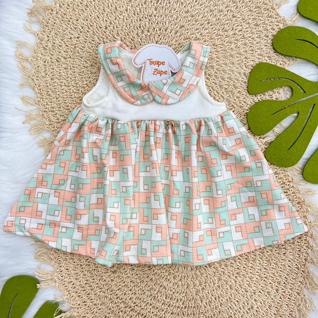 Vestido Duo em Ponto Roma Quadriculado - Pêssego, Turquesa e Areia 